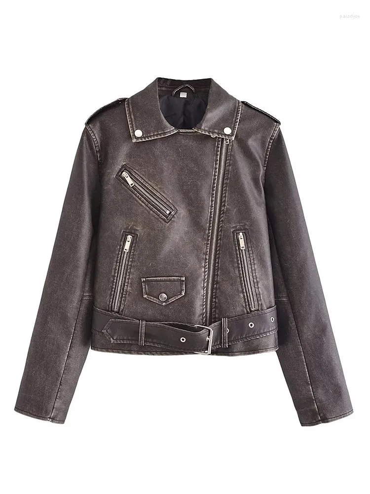 Women's Leather Winter Autumn Product Washed Jacket With Belt Worn Faux PU Motorcycle For Women Vintage Female Coat Outwear