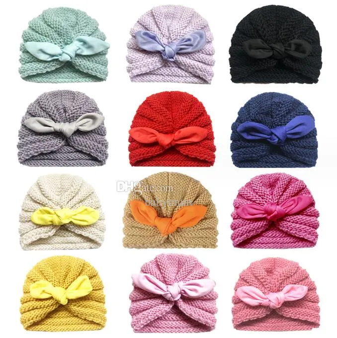 Ny småbarn kanin öron hatt ull stickade pojkar flickor virkning mössa 100%akrylgarn virkning beanie hattar nyfödda huvud turban headwraps tillbehör