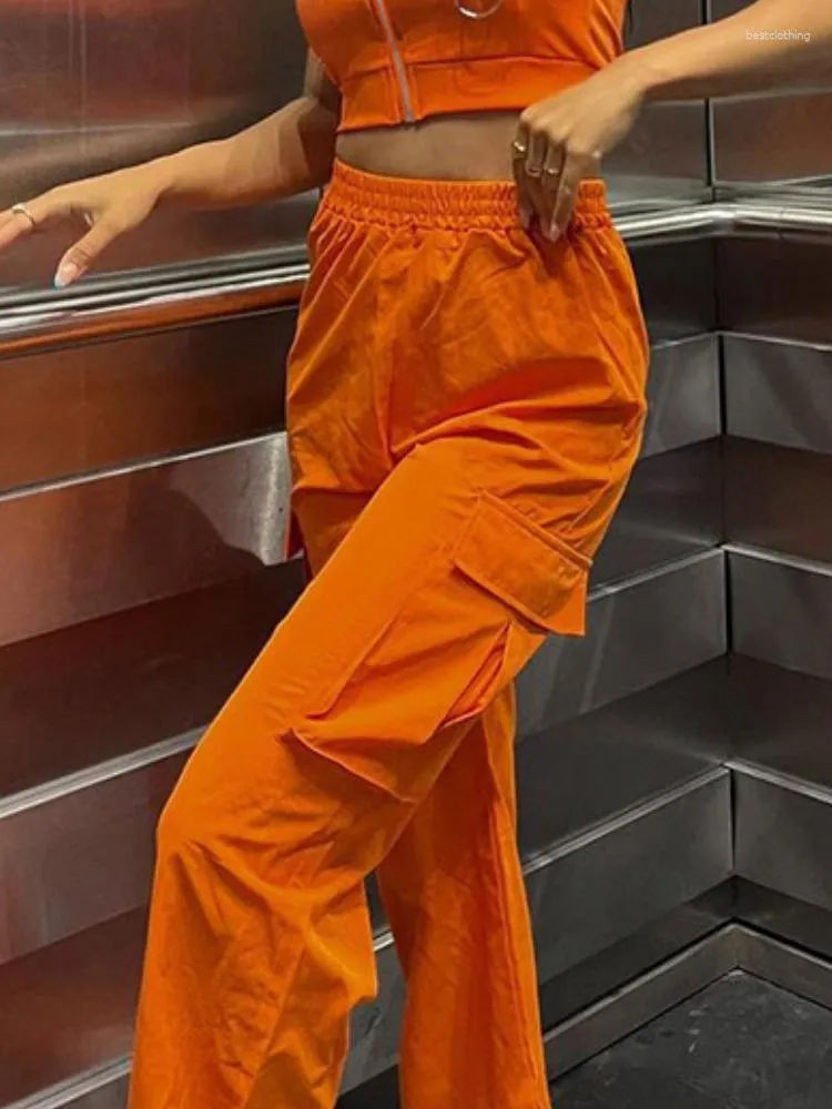 Womens Pants Streetwear Women Trousers Fashion Orange Side Pocket