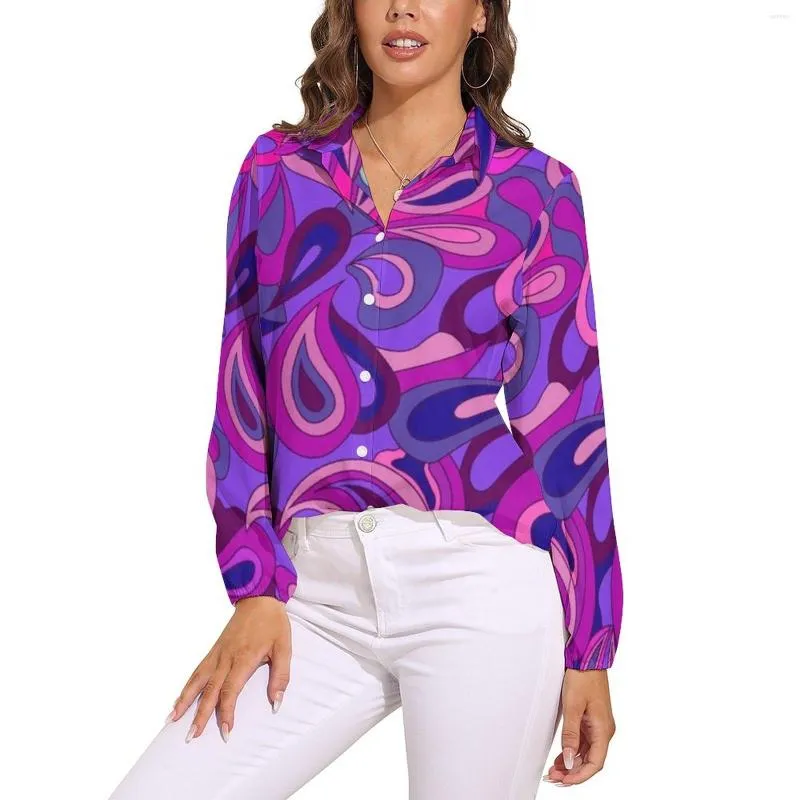 Women's Blouses Purple Paisley Print Blouse Long-Sleeve Hippie Office Work Classic Oversized Shirt Custom Top Birthday Gift