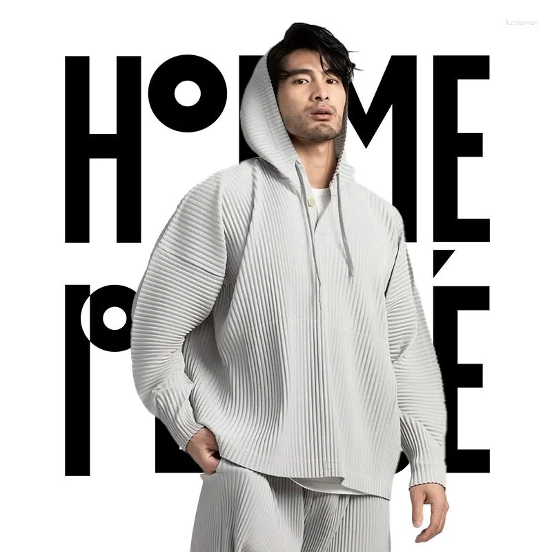 Sweats à capuche pour hommes Miyake plissé pour hommes sweat à capuche noir 2023 couleur unie manteau respirant lâche cordon haut décontracté homme vêtements