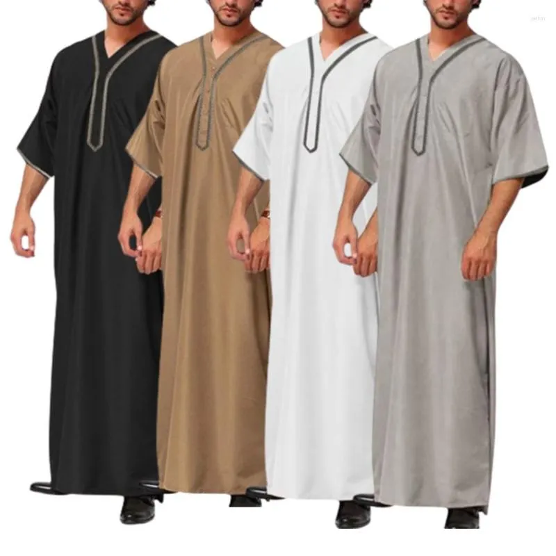 Ethnic Clothing Solid Color V Neck Muslim Men Jubba Thobe Retro Button Kimono Half Sleeve Robe Saudi Musulman Shirt Islamic Arabic Kaftan