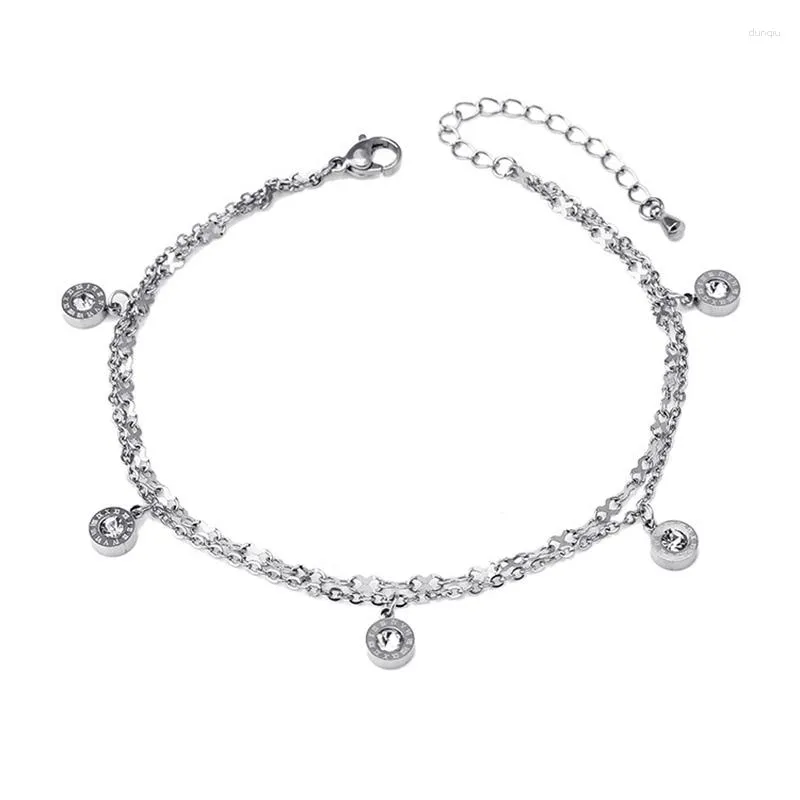 Enkelbanden Modieus Kubieke Zirkonia Dames Enkelband Elegant Dubbele ketting Vervagingsvrij Titanium Staal Voetaccessoire Goud Zilver Sieraden Z655