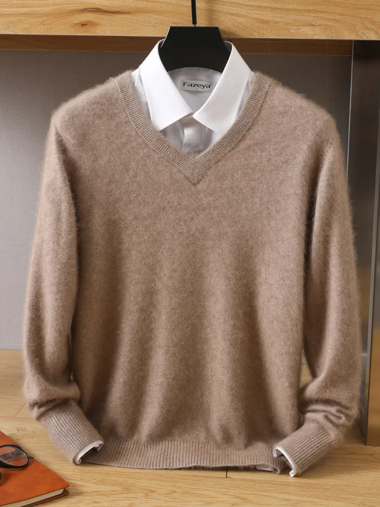 Męskie swetry mvlyflet 100% norek kaszmirowy sweter vneck pullover dzianina zimowe topy długie rękawy Highend skoczki 230912