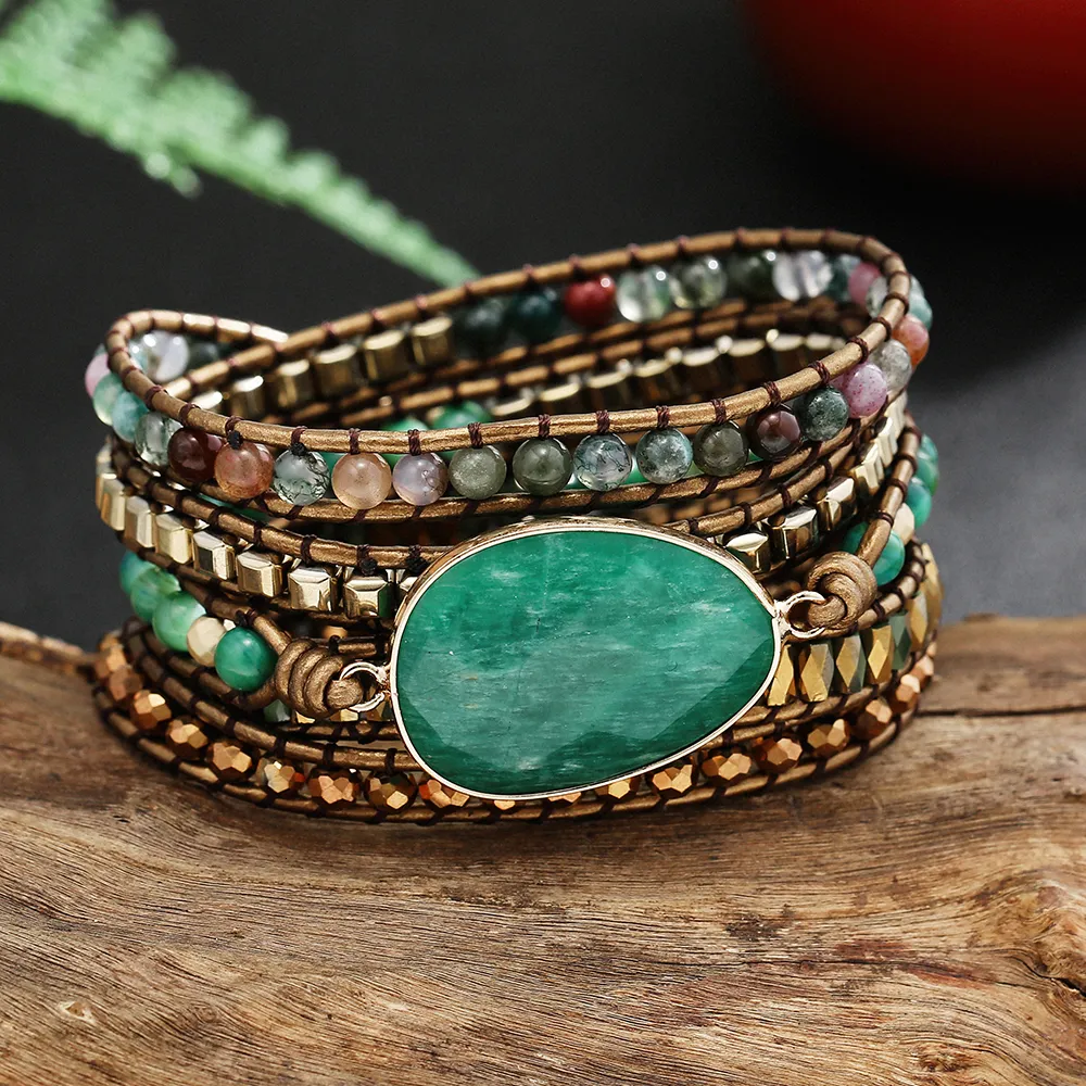 Bangle echt leer natuursteen edelsteen kristal kralen armband Vinage stijl groene steen handgeweven 5 wikkelarmband sieraden 230911