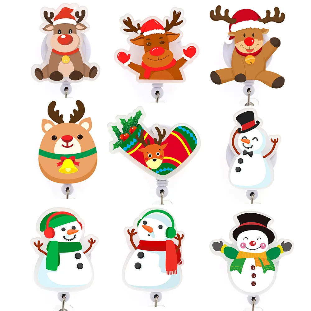 5 pièces/lot porte-clés de mode vacances de noël bonhomme de neige cerf porte-badge bobine rétractable acrylique étudiant infirmière Badge bobine pour infirmières cadeaux