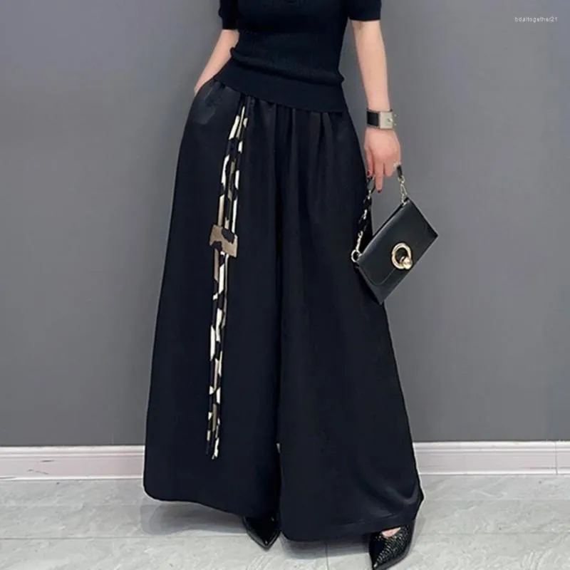 Women's Pants Korean Elegant Black Wide Leg Women Summer Thin Elastic Waist Casual Loose Ankle Length