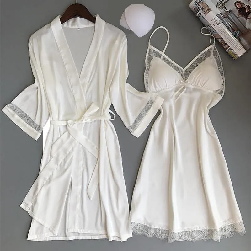 Women's Sleepwear Sexy Women Rayon Kimono Bathrobe WHITE Bride Bridesmaid Wedding Robe Set Lace Trim Casual Home Clothes Nightwear 230912