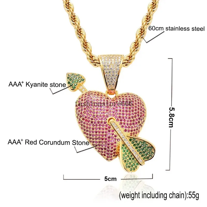 Or 18 carats Zircone Cubique Flèche Coeur Percé Collier ensemble de bijoux bling Glacé Amour Pendentif Hiphop Colliers femmes hommes chaîne en acier inoxydable