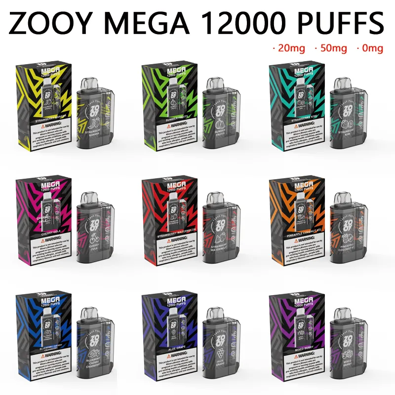 ZOOY MEGA PUFF12000 EタバコパフVape Dopateable Puff 9000 Tornado 9k Puffbars充電式バッテリー0％2％3％5％Vape Pen Kitプレフィルドカートポッド12k