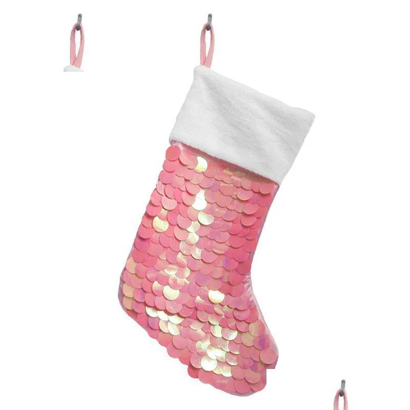 Décorations de Noël Chaussettes à paillettes Joyeux cadeau Sac de rangement de bonbons Rose Rouge Vert Or 19 pouces Bas décoratif de Noël Livraison directe H Dhkmh