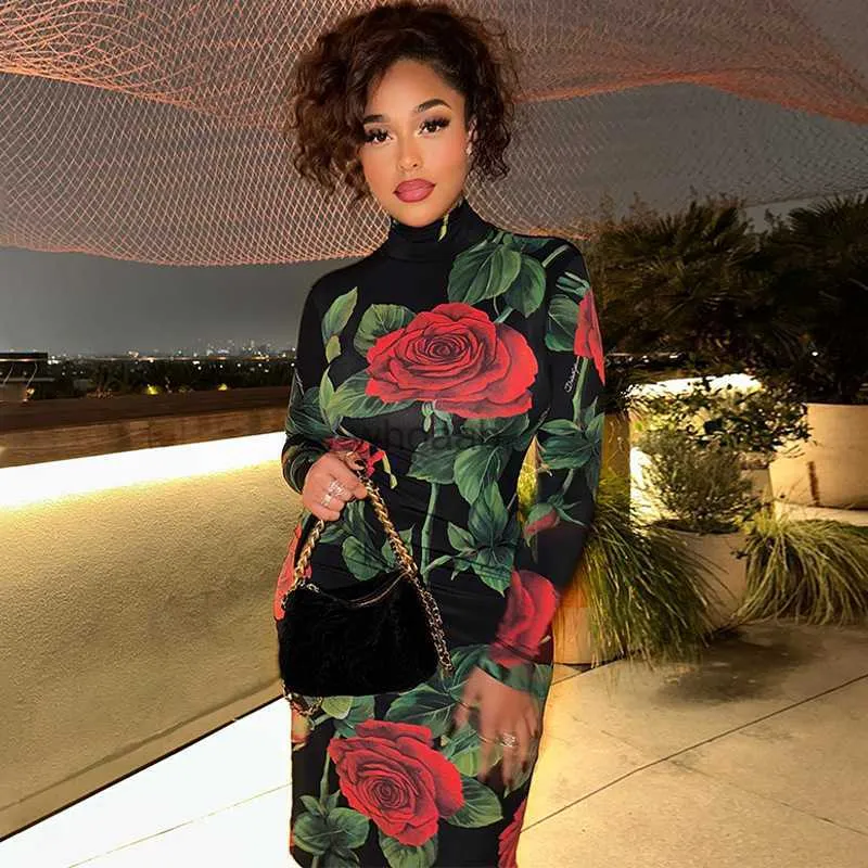 Street Style Dresses Sexy Bandage Slim Bodycon Dress Women Floral Print Knee Length Birthday Party Dresses Clubwear Free Ship HKD230912