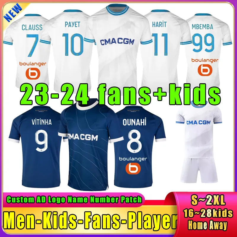 23 24 NewMarSeilleS Maillot PAYET VITINHA OUNAHI GIGOT Fãs Jogador Futebol Jerseys CLAUSS MBEMBA VERETOUT KONDOGBIA Camisa de futebol Home Away Kids Kit Uniformes