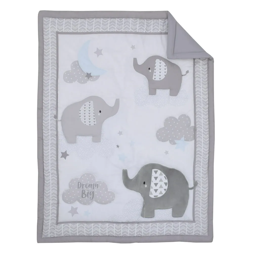 Elefantpromenad grå och vit 3 -delad barnkammare barnbädds sängkläder, täcke, lakan, spjälsäng kjol,