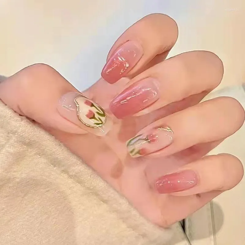 Faux ongles transparents, Rose tachée, mi-longueur, produits adhésifs réutilisables, fausses fournitures, presse à colle, objets d'art