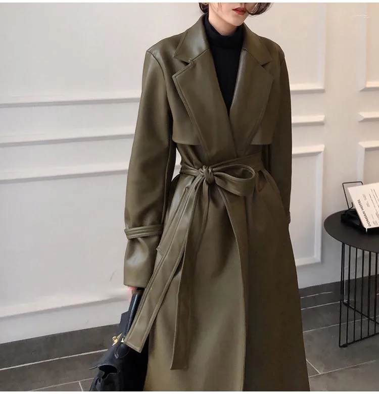 Trench-Coat Long surdimensionné en cuir pour femmes, automne 2023, manches avec ceinture, Faux manteaux amples à la mode