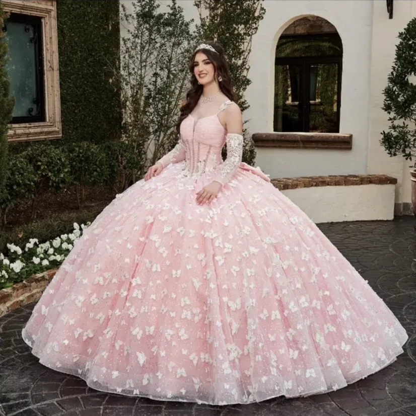 فساتين الفراشة الساحرة Quinceanera قابلة للفصل الأكمام الطويلة حلوة 15 حفلة موسيقية براقة كرات اللمعان Vestidos de 16 Anos