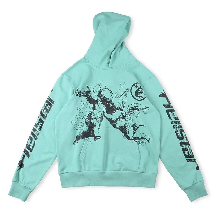 Hellstar Studios Abrigo con capucha verde azulado con estampado de ángel Sudadera con capucha de High street Sudadera con capucha de yoga de alta calidad con estampado de manga larga Ropa de hip-hop callejero Versión correcta