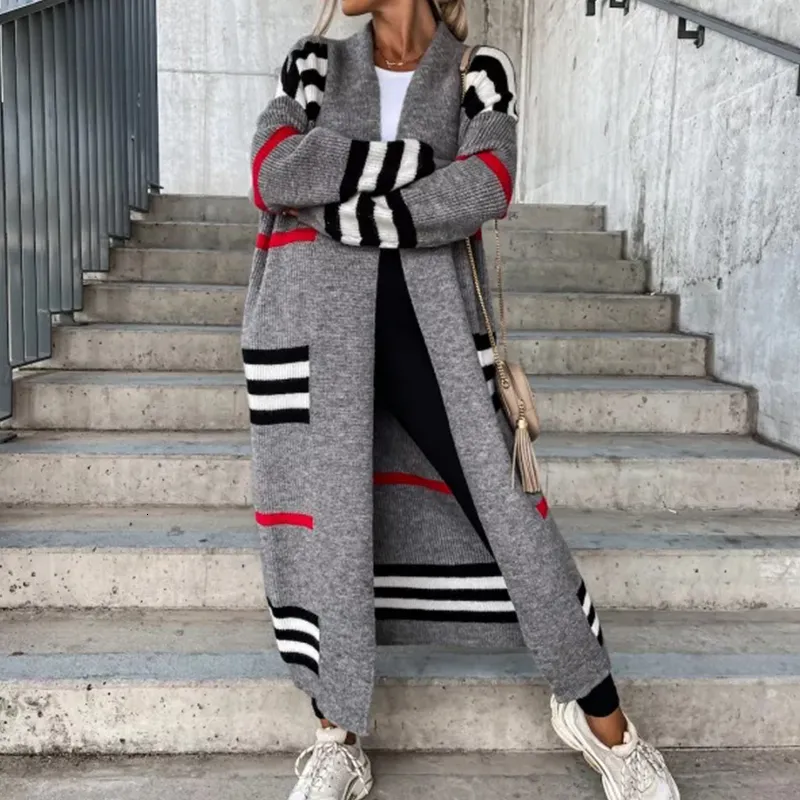 Kvinnors stickor Tees Spring Sticke Cardigan Women Randig Patchwork Autumn Winter Elegant Long Outterwear Maxi Y2K Sweater Coat Soft Jacket 230912