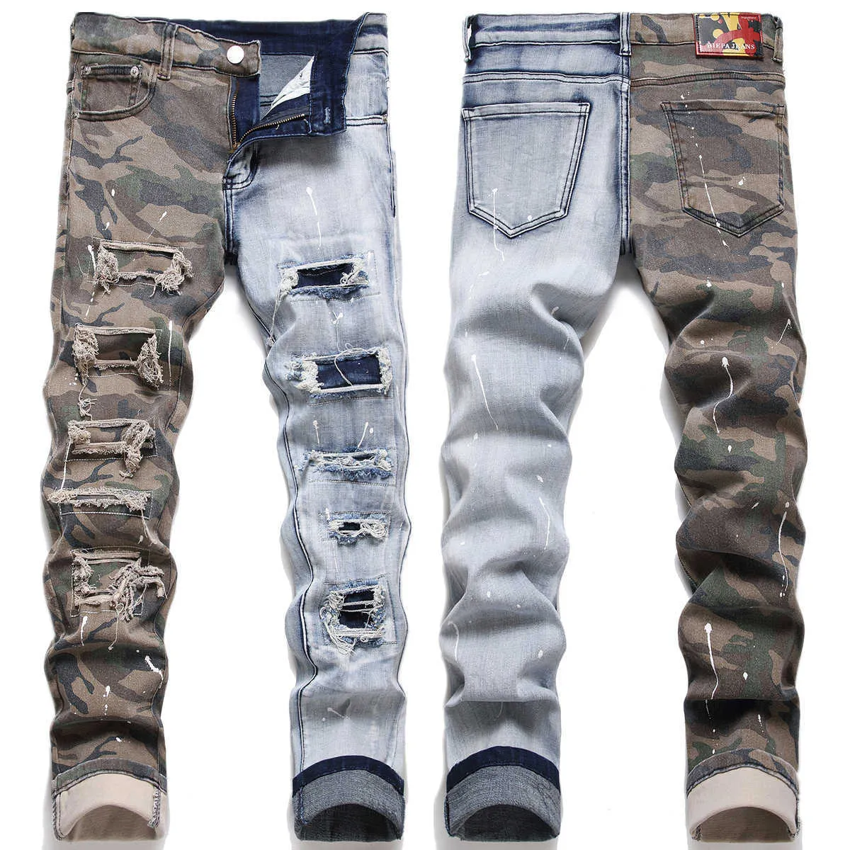 Denim homme patch déchiré coupe ajustée camouflage patchwork denim petite jambe pantalon long homme