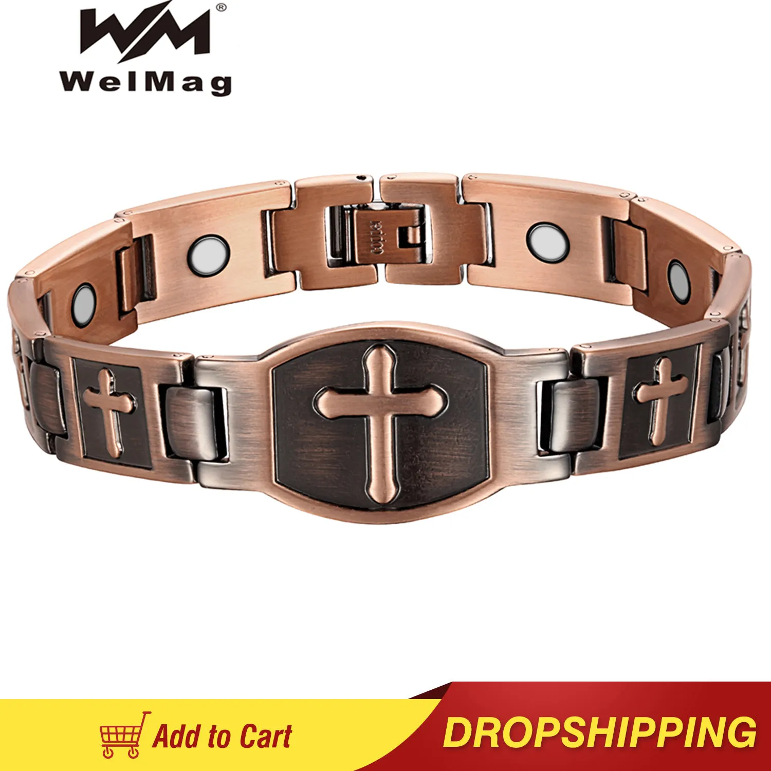 Armreif WelMag Kupfer Armbänder für Männer Breite Gesunde Pflege Vintage Kreuzmuster Armband Jesus Schmuck 230911