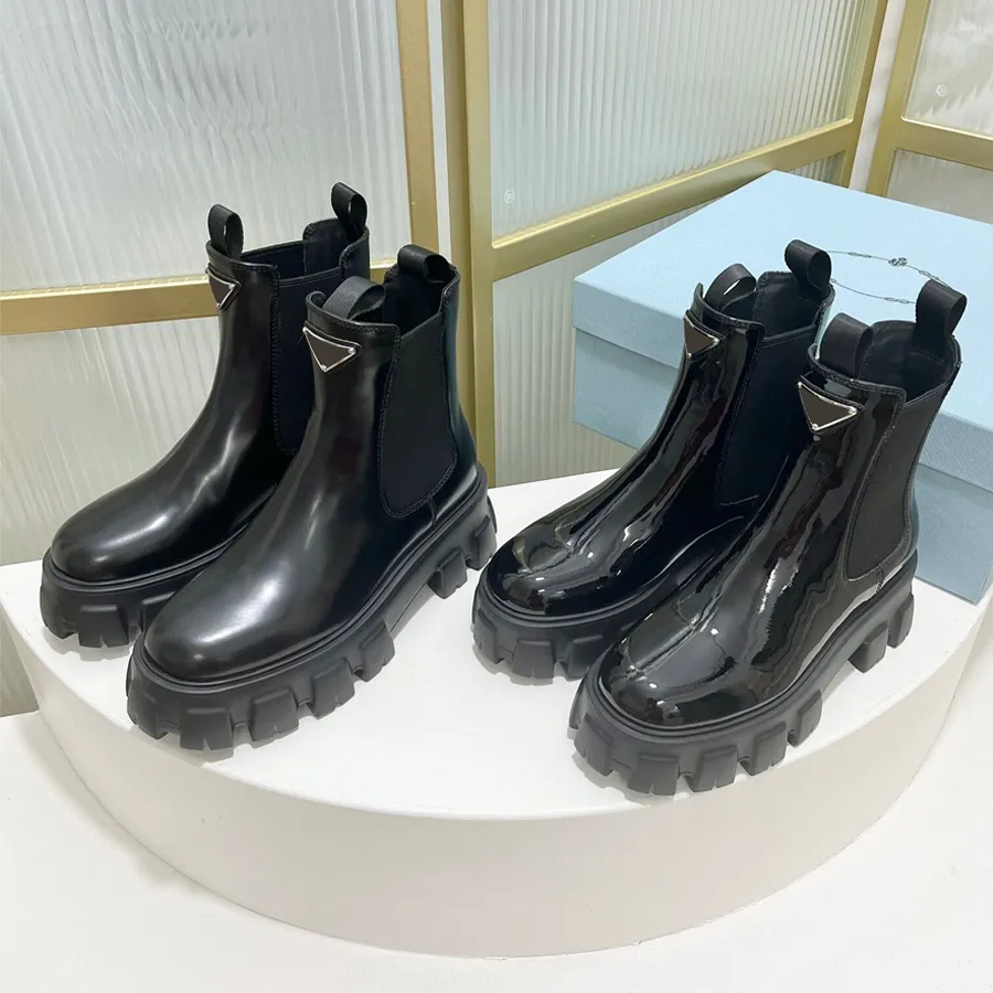 Women s Black Patent Leather Platform Chunky Heel Ankle Chelsea Boots Gear Wheel Slip On Fashion Booties Designer Combat Boots