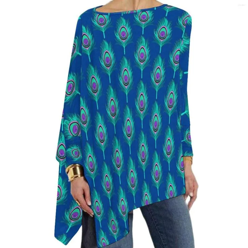 T-shirts pour femmes Bleu Paon Plumes Animal Print Kawaii Chemise Femmes À Manches Longues O Cou Streetwear Tops Surdimensionné Design Top Tees
