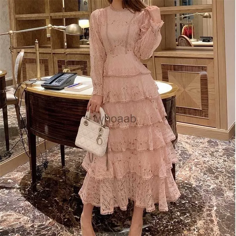 MagnificentPink dentelle broderie Maxi robe femme printemps hiver manches longues taille haute volants élégant longue fête femme 2020 LJ201114 HKD230912