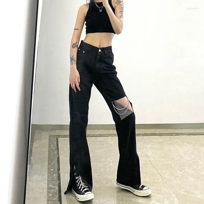 Jeans de chaine de trous de genou pour femmes Pantalon de jean baggy noir Y2K