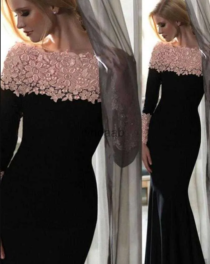 Magnificent2018 élégante soirée noire et rose formelle sexy col bateau dentelle sur mesure robes de bal sirène manches longues Prom Party HKD230912