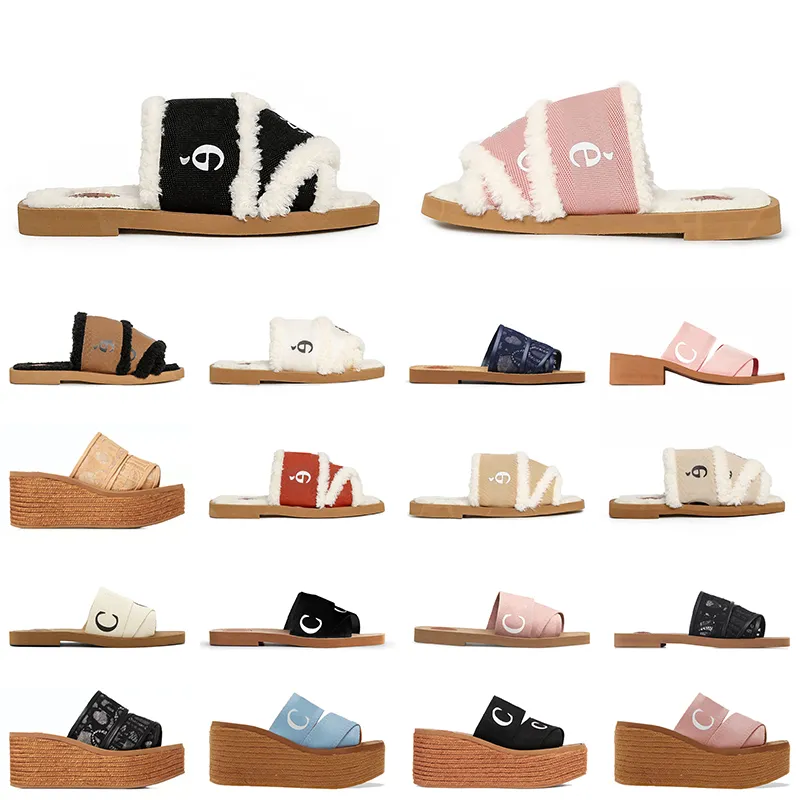 Klassische Designer-Fell-Sandalen für Damen, Chlos-Hausschuhe, Woody-Flachmules, bestickte Leinen-High-Heel-Sandale, Espadrille-Keilplattform für Damen-Slider-Schuhe