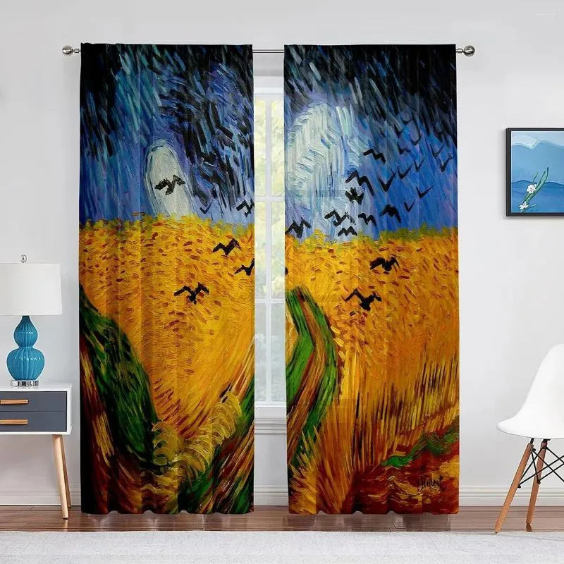 Curtain Art Printed Tulle Windows Transparent Decorative Curtains For Living Rooms And Bedrooms