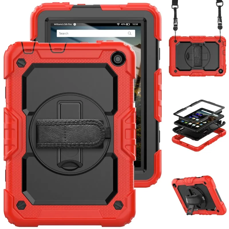Shockproof Kids Safe Stand Shoulder Strap Tablet Cover For Amazon Kindle Fire HD 8Plus 8inch HD 10 10.1inch 360 Rotation Case