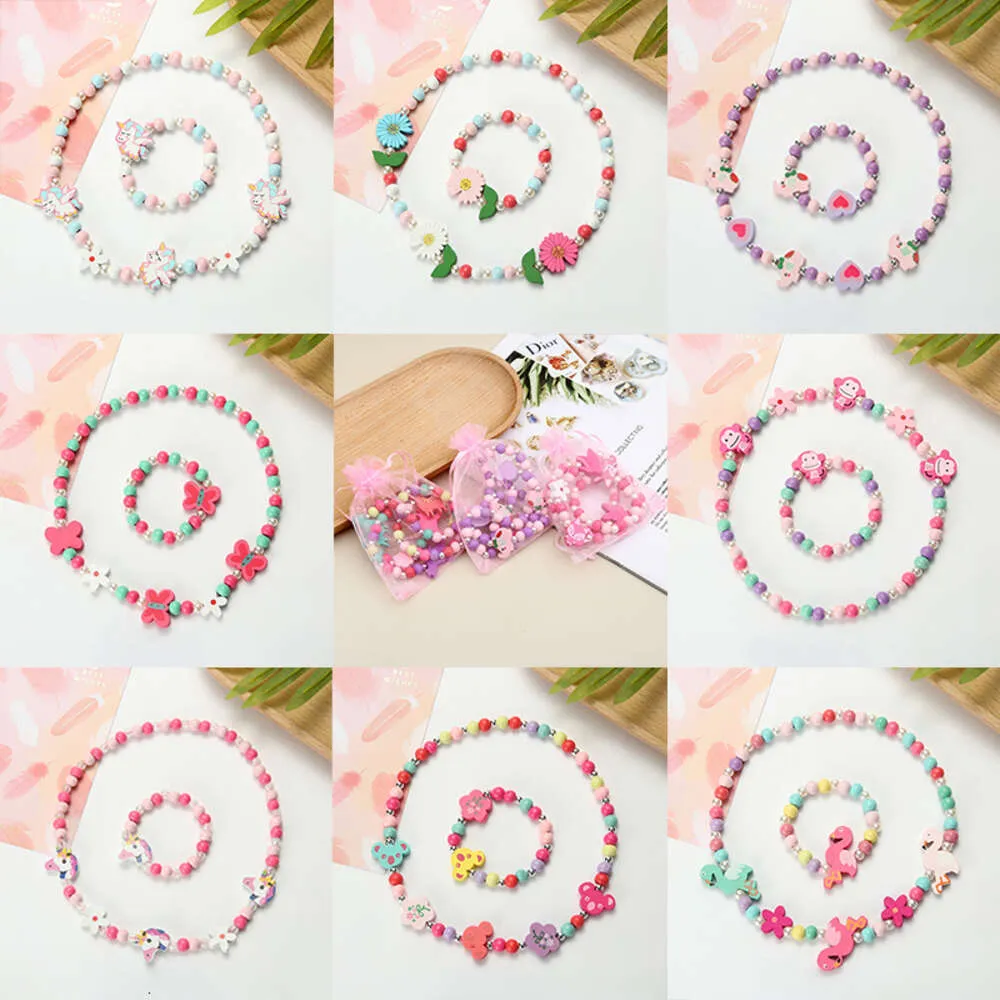 2 teile/satz Cartoon Schmuck Sets Nette Muster Natürliche Holz Perlen Mode Halskette Armband Für Kinder Schmuck Geburtstag Geschenk