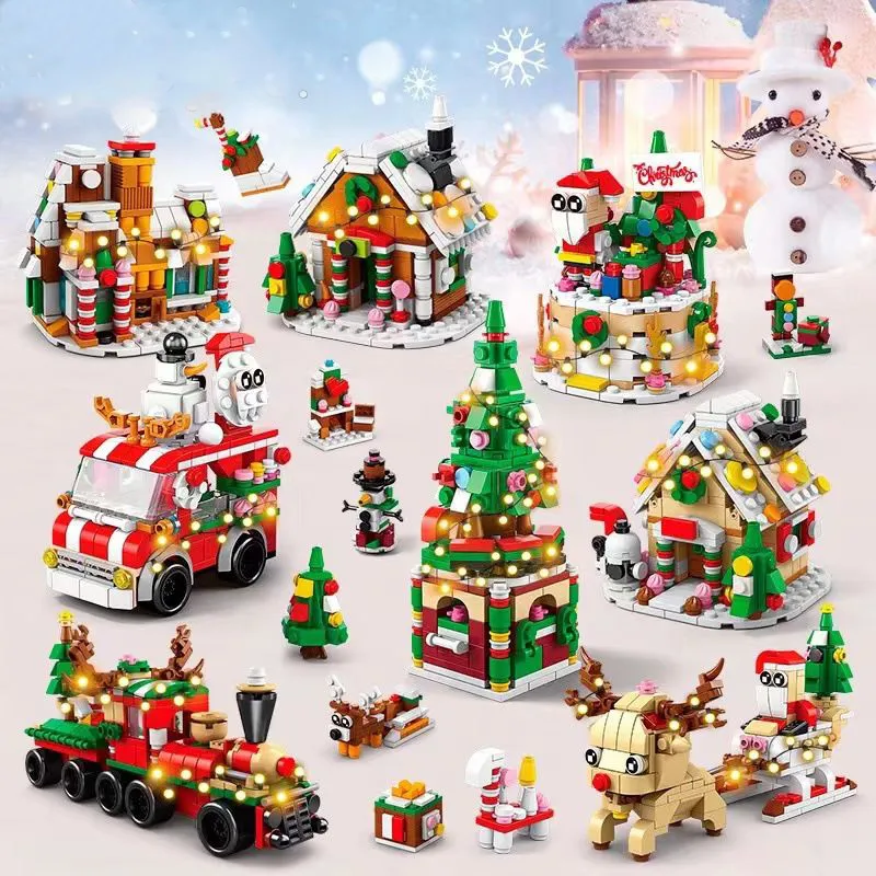 Regalos de Navidad Train Santa Elk Bloques de Navidad Juguetes Bloques de construcción para niños Guantes de árbol de Navidad Kawaii Autismo Antistress Toy sensorial