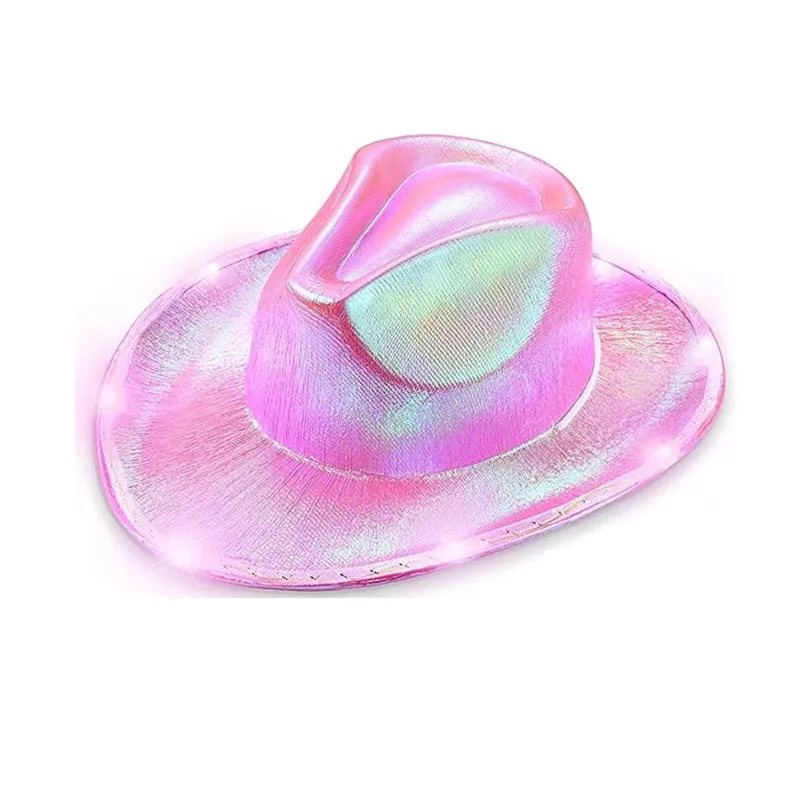 LED White Light Up  Hats Neon Cowgirl Hat Holographic Rave Fluorescent Hats With Adjustable Windproof Cord For Halloween Costume Accessories