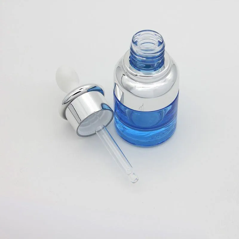20ml 30ml Luxury Glass Dropper Bottle Unique Serum Bottles Blue with Special Silver Cover Moderate Price Jxdtk