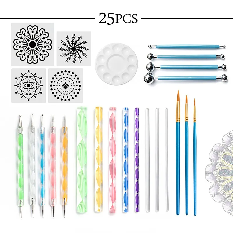 Doting Tools 1Set Mandala Doting Tools Set Pen Doting Tools Mandala Stencil Ball Stylus Paint Tray för målning Rockar Färgning Ritning 230912