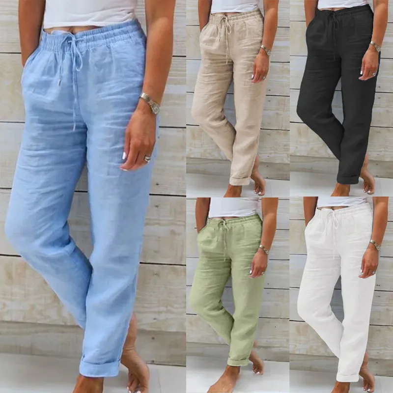 Women's Two Piece Pant High Waist Elastic Solid Cotton Linen Casual Long Straight Pants 230911
