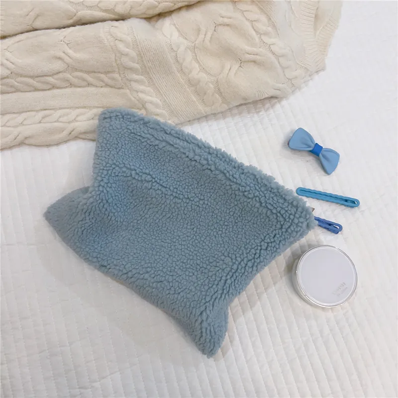 3pcs Cosmetic Bags Women Plush Plain Large Capacity Square Soft Storage Bags Mix Color Winter