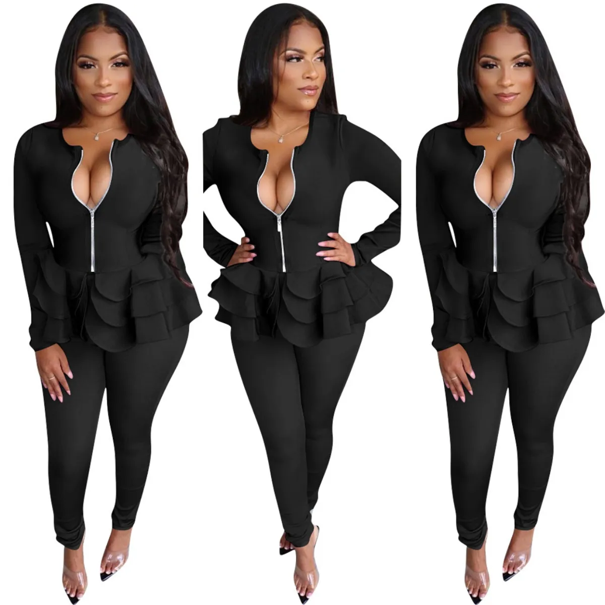 Ruffle Two Piece Pants Daily Outfits Women Casual Soild Zip Jacket and Trouser Sets Free Ship