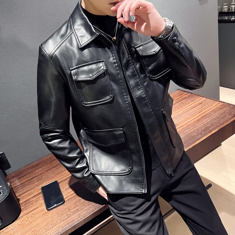 남자의 가죽 가짜 2023 남자 정장 재킷 슬림 한 핏 단축 코트 패션 재킷 스트리트웨어 캐주얼 블레이저 재킷 남성 겉옷 230912