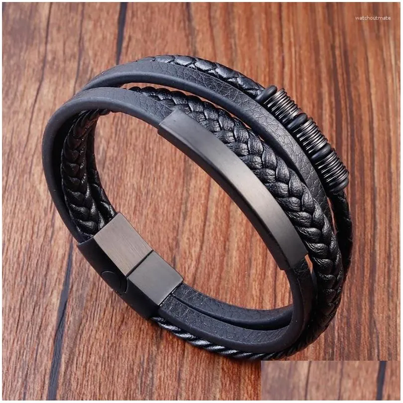 Bracelets de charme Bracelet en cuir pour hommes en acier inoxydable tissé à la main de style MTI-couche classique de luxe avec fermoir magnétique pour Drop D ot1Xj