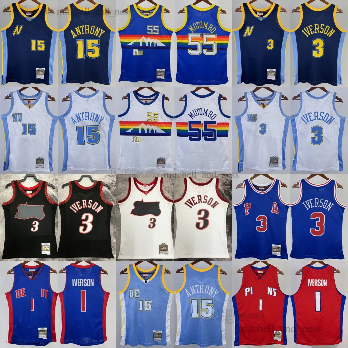 Printed Mitchell and Ness 2006-07 Basketball 15 Carmelo Anthony Jersey Retro Blue 1991-92 Dikembe Mutombo Allen Iverson Jerseys Classic