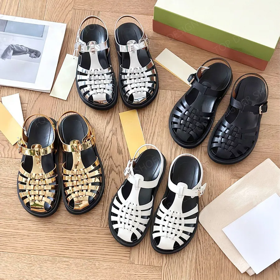 Top quality Classic Summer women's leather handwork Woven flat Roman sandals women Fashion luxury Designer sandals Flat casual shoes White gold