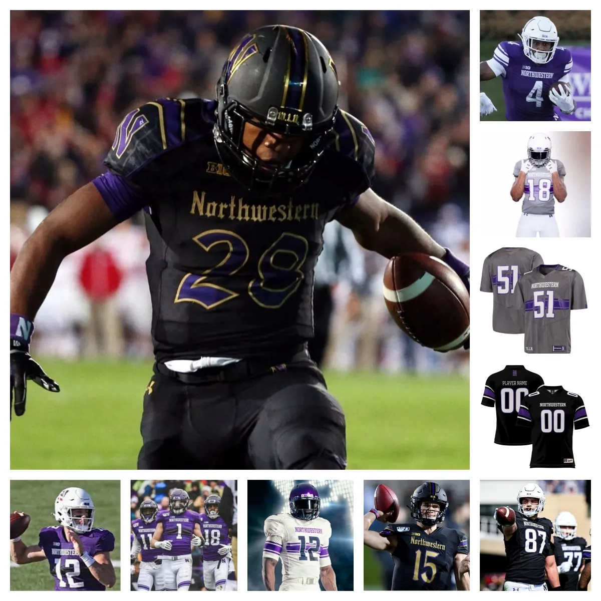 2023 Northwestern Wildcats Camisa de Futebol 97 Sean Mclaughlin 2 Ben Bryant 9 Aidan Gray 57 Greyson Metz 55 Dylan Roberts 34 Xander