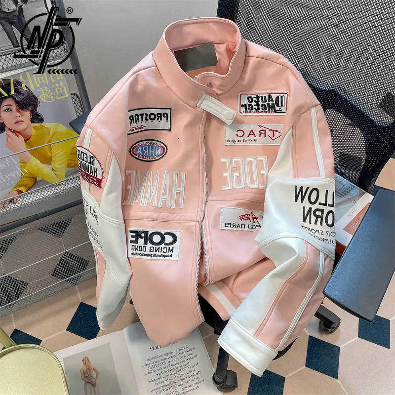 Giacca da motociclista in pelle sintetica rosa 2023 da uomo unisex High Street Hip Hop Lettera ricamo Bomber da donna Giacca da baseball americana uniforme 230912