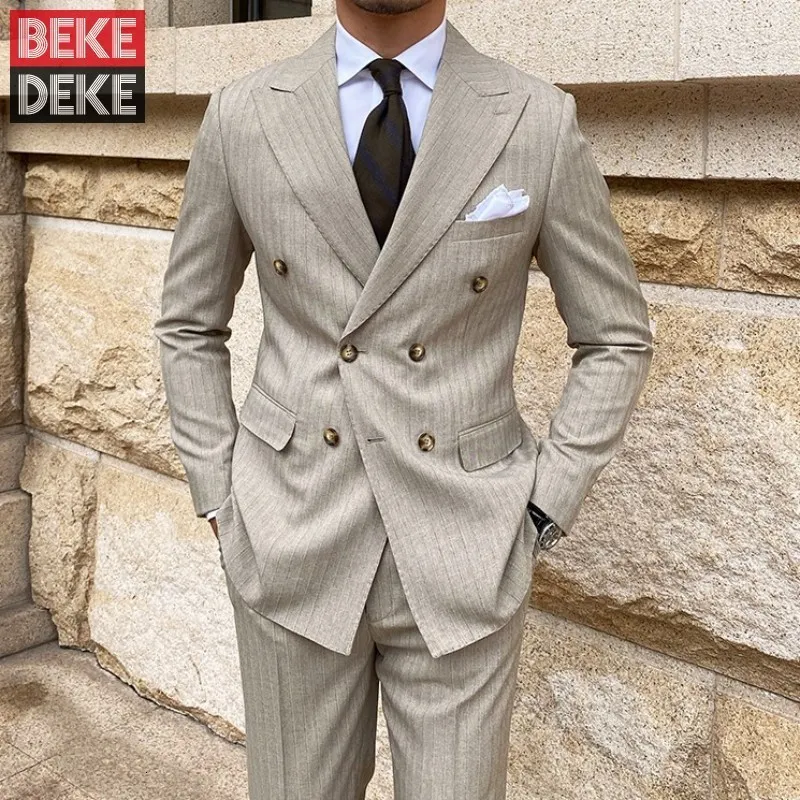 Erkekler Suits Blazers moda iş erkekler iki parçalı resmi takım elbise blazer üstleri çift göğüslü gelinlik takımları İngiliz tarzı adam ince fit kıyafet seti 230912