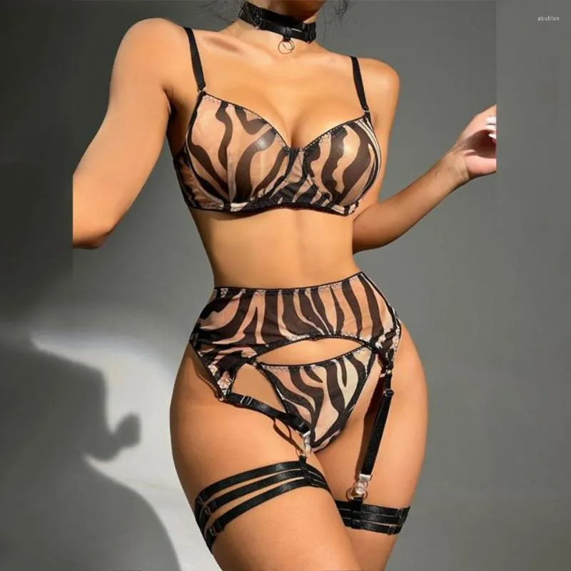 Bras Sets Women Sexy Zebra Print Lingerie Set Ladies Push Up Bra G String  Belt Leg Stocking Garter Female See Through Mesh Underwear From Abutilon,  $11.83