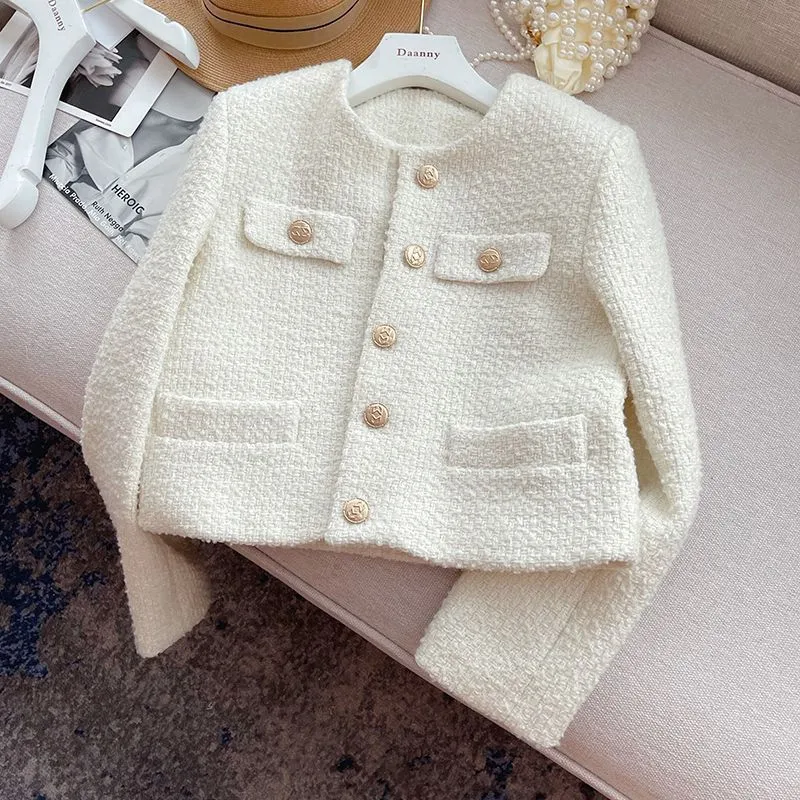 Women's Jackets Chic Tweed Coat Female Elegant O Neck Cropped Jacket Women Spring Fall Luxruy Korean Fashion pocket white Outwear Clothing 230912